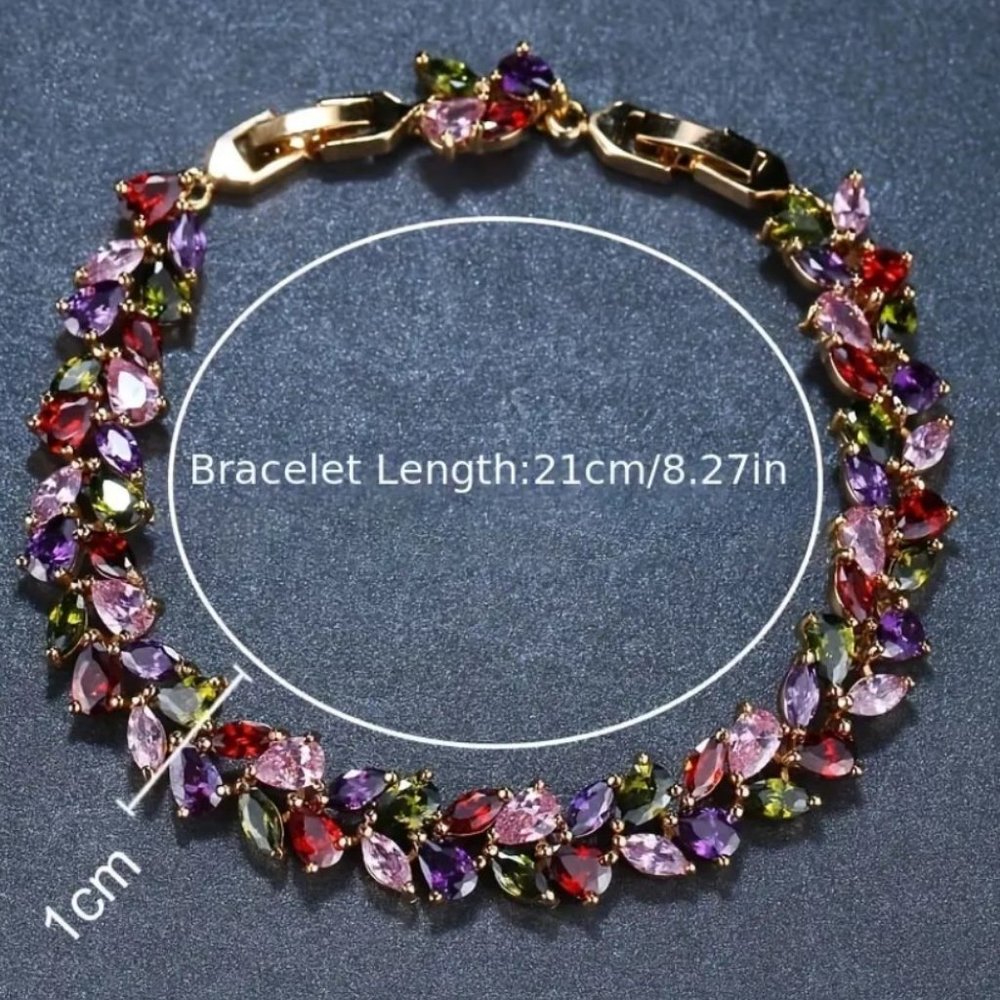 18K Gold Plated Rainbow Zircon Tennis Bracelet Colorful Crystal Link 8.27" - Picture 4 of 6